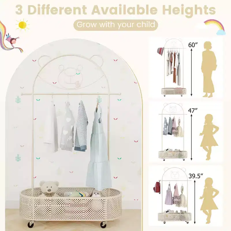 Kid Clothes Rack with 3 Adjustable Heights Home Freestanding Clothes Rack White/Pink