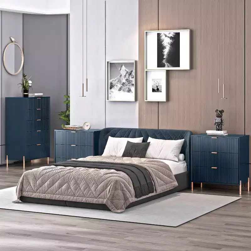 Festivo 3pc Modern Elegance 3 Drawer Nightstands and 5 Drawer Chest Set Navy