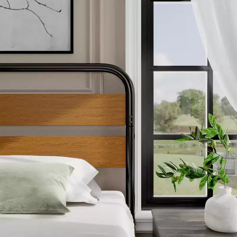 King Platform Bed Frame with Wood Headboard, Sandalwood Brown, Heavy Duty Metal Slats, Underbed Storage, Noise Free, No Box Spring Needed