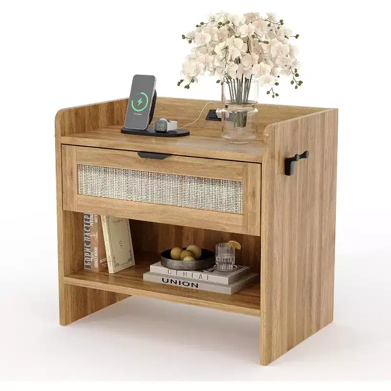 Rattan Nightstand, 23.6 Wide Bedside Table, Nightstand with Type-C Charging Station Suitable for Bedroom, Office, Living Room