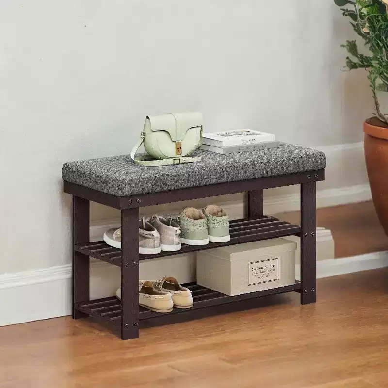 Bamboo Shoe Bench with Cushioned Seat, 3-Tier Shoe Rack, Brown/Gray, Holds up to 330 lb, 11.4 x 28 x 19.3 Inches