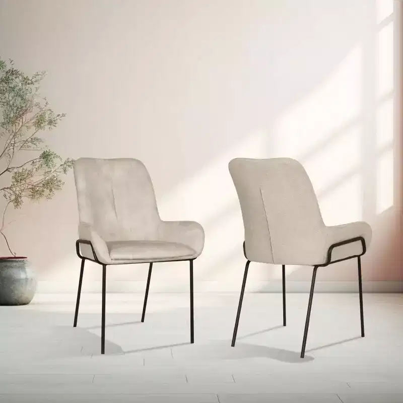 Contemporary Tufted Dining Chair with Curved Arms & Powder-Coated Frame, Beige