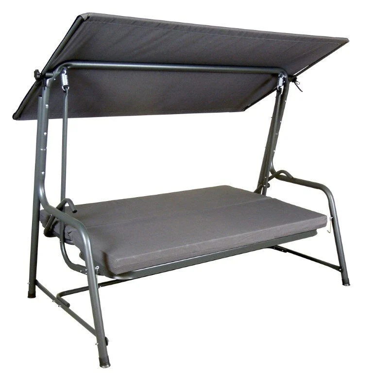 Sunjoy Luxury 4 Seater Steel Patio Swing Bed Convertible Design with Elastic Mesh Seat, Cushions & Adjustable Canopy