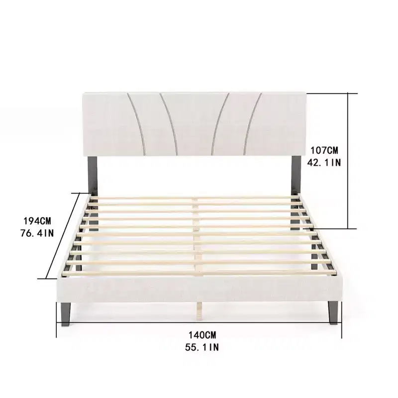 AEELLEEA Bed Frame with Linen Headboard and Metal Legs Solid Wood Slats Mattress Platform for Bedroom Beige