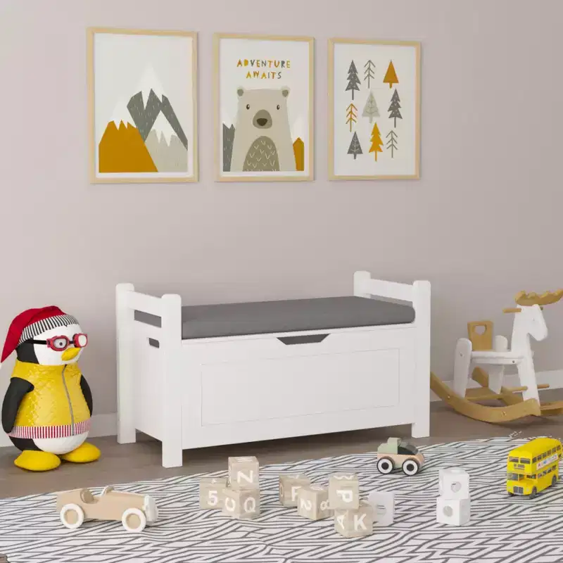 Kids Toy Box Chest, White Toy Box for Boys Girls, Large Storage Cabinet with Cushion Seat Bench/Flip-Top Lid/Safety Hinge