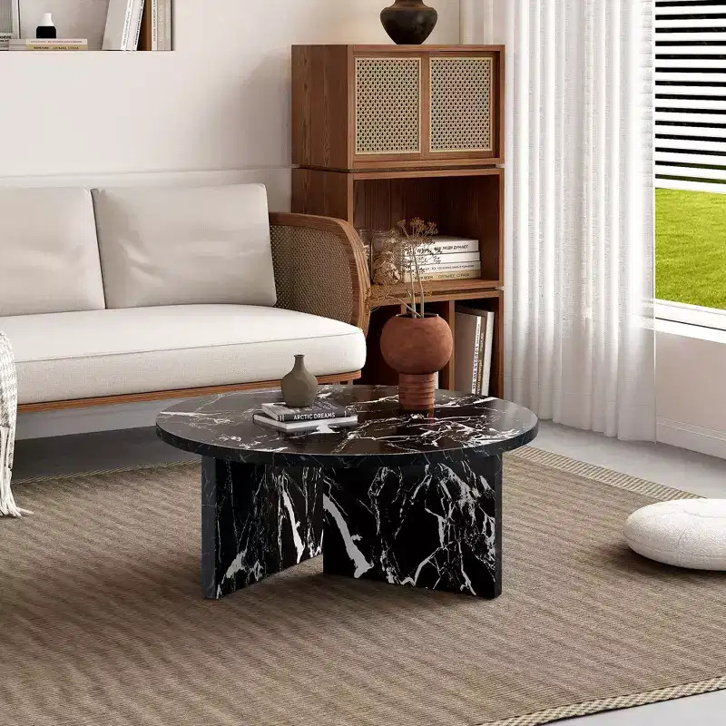 Versatile MDF Black Round Coffee Table for Various Interior Styles, Exhibiting Modern Minimalism and Nordic Charm