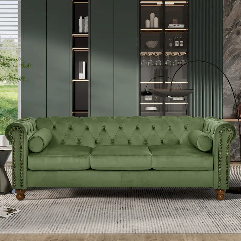 Green Velvet Chesterfield 3-Seat Sofa, Button Tufting & Scrolled Arms