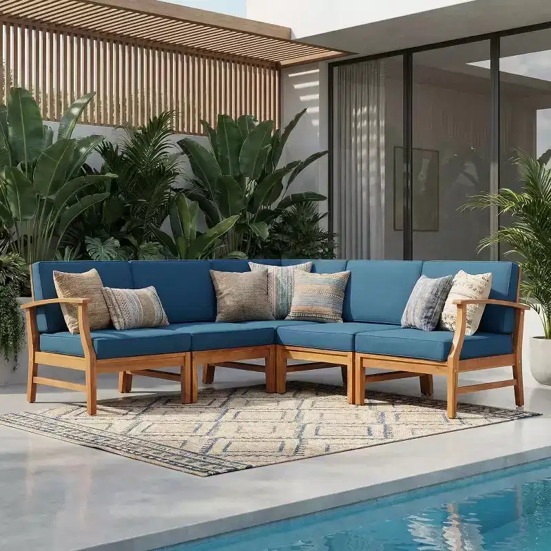 ModernLuxe 5pcs Patio Sectional Sofa Sets, Outdoor Seating Sets, Acacia Wood Chat Sets