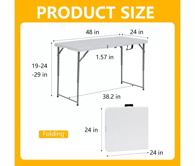 Portable Folding Table 4 ft HDPE Indoor Outdoor Banquet Party Camping Table with Carry Handle, White