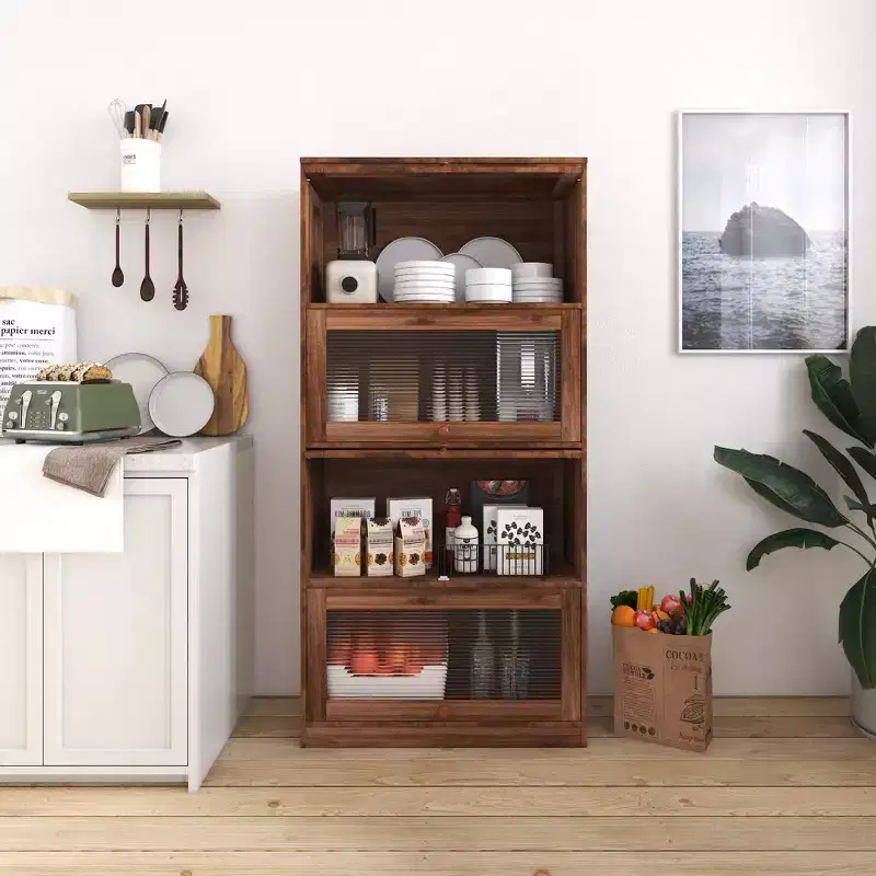Rustic 4-Tier Wooden Bookcase with 4 Glass Doors