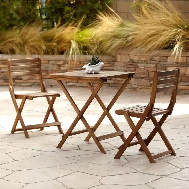 Teal Island Designs Coastal Wood 3-Piece Outdoor Bistro Folding Square Dining Table And Chairs 23 1/2 Wide Natural for Front Porch Patio