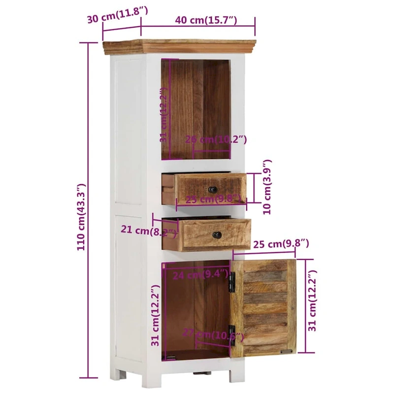 vidaXL Highboard Brown&White 15.7x11.8x43.3 Solid Wood Mango and Acacia - 15.7 x 11.8 x 43.3