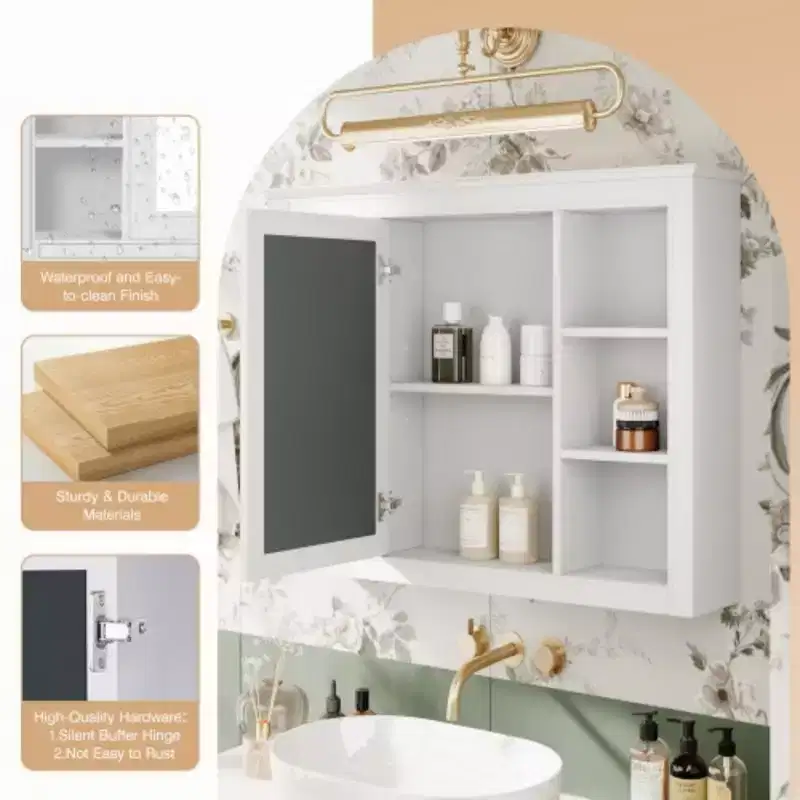35'' x 27.5'' Medicine Cabinet, Wall Mounted Bathroom Storage Cabinet, Modern Bathroom Wall Cabinet with Mirror, Mirror Cabinet with 6 Open Shelves
