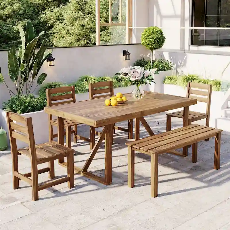 Acacia Wood Outdoor Table and Chair Set with 4 Chairs and Bench, 6 Piece Patio Furniture Suitable for Patio 7 Pieces