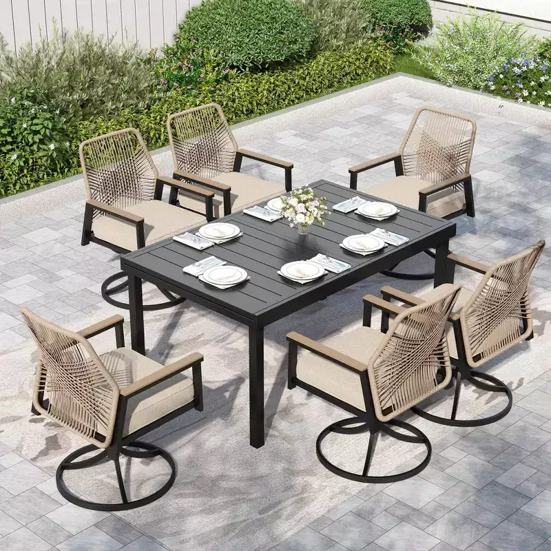 Captiva Designs 7pc Patio Expandable Steel Dining Table and Swivel Wicker Chairs with Thick Cushions