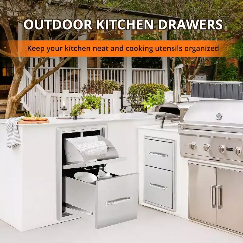 16W x 21H x 23D Inch Outdoor Kitchen Stainless Steel Double Access Drawers with Paper Towel Holder Combo for BBQ Island or Grill Station