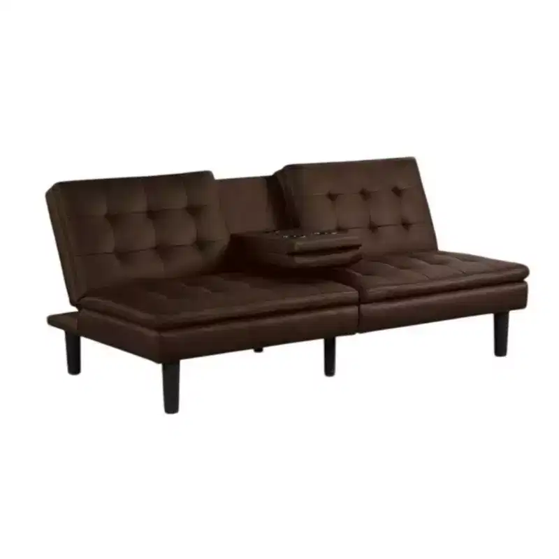 Futon Sofa Bed, Drop-Down Tray and Cupholder, Brown Faux Leather