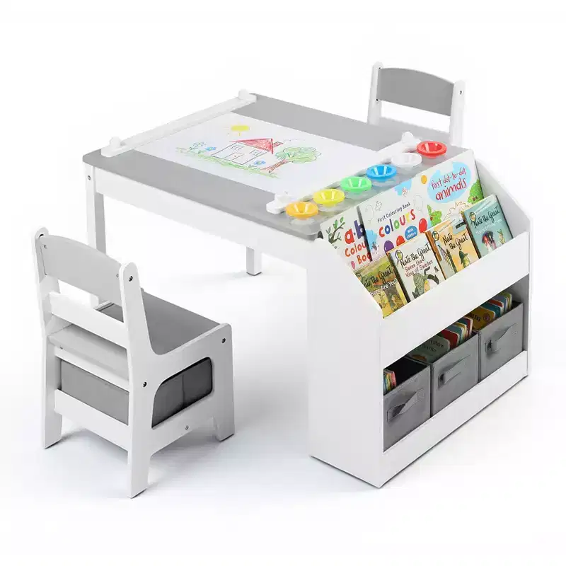 Kinder King Kids Wooden Activity Table and 2 Chairs Set with Storage, Paper Roll & Paint Cups, Art Craft Desk for Drawing, Reading & Play