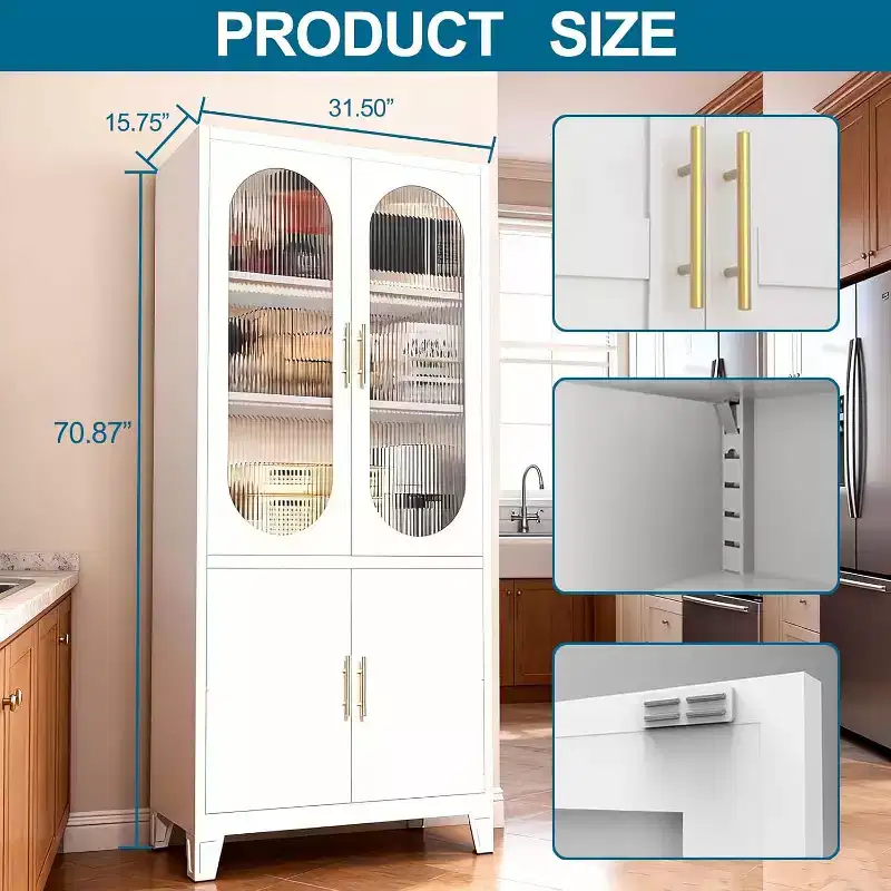 COZONY Modern Pantry Cabinet with Fluted Glass Doors, 71 Kitchen Storage Cabinet, Metal Accent Storage Cupboard for Dining Room & Kitchen Organizer
