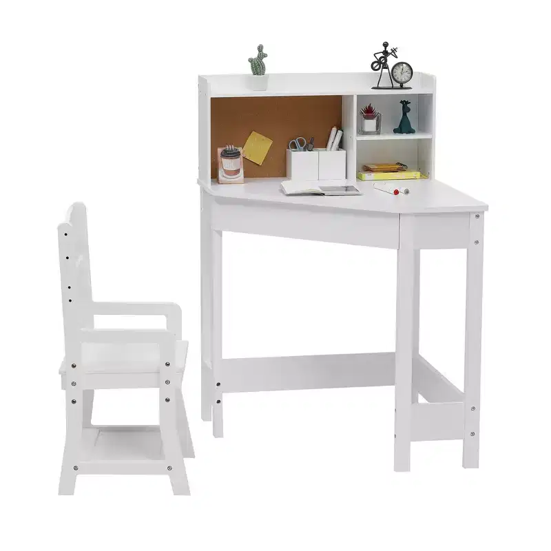 Kids Desk and Chair Set, Wooden Corner Study Table with Bookshelf, Bulletin Board, and Pen Holder, Writing Table for Boys and Girls, White