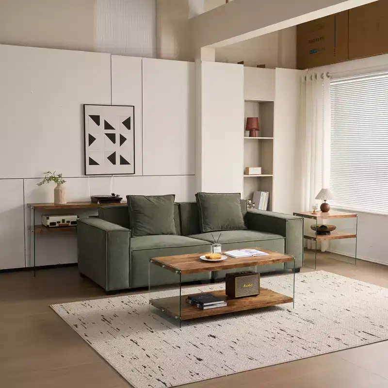 JVNOXK Modern Simple MDF Coffee Table with Walnut Tempered Glass, Side Table for Living Room