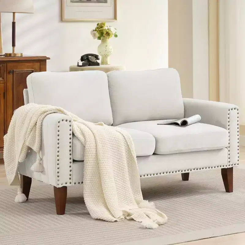 Hyleory 57.48'' Upholstered Linen Nailhead Loveseat Sofa with Solid Wood Legs
