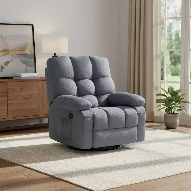 39 Blue Tufted Chenille Heated Massage Swivel Rocker Recliner With USB