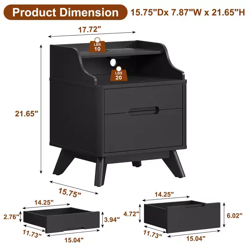 2 Drawers Nightstand with Charging Station, 21 Nightstand with Open Shelves for Bedroom