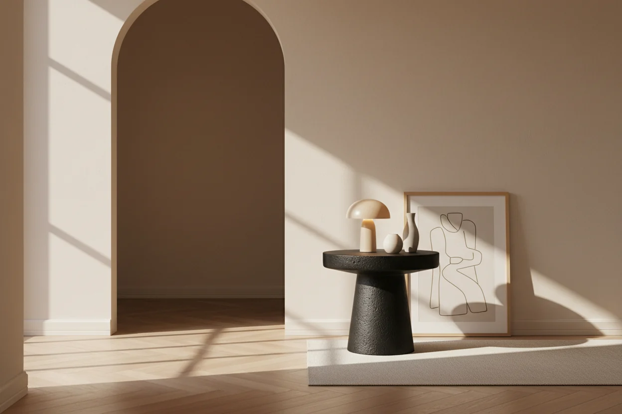 Industrial Terrazzo & Concrete Side Table with Round Flecked Top & Sculpted Base for Living Room