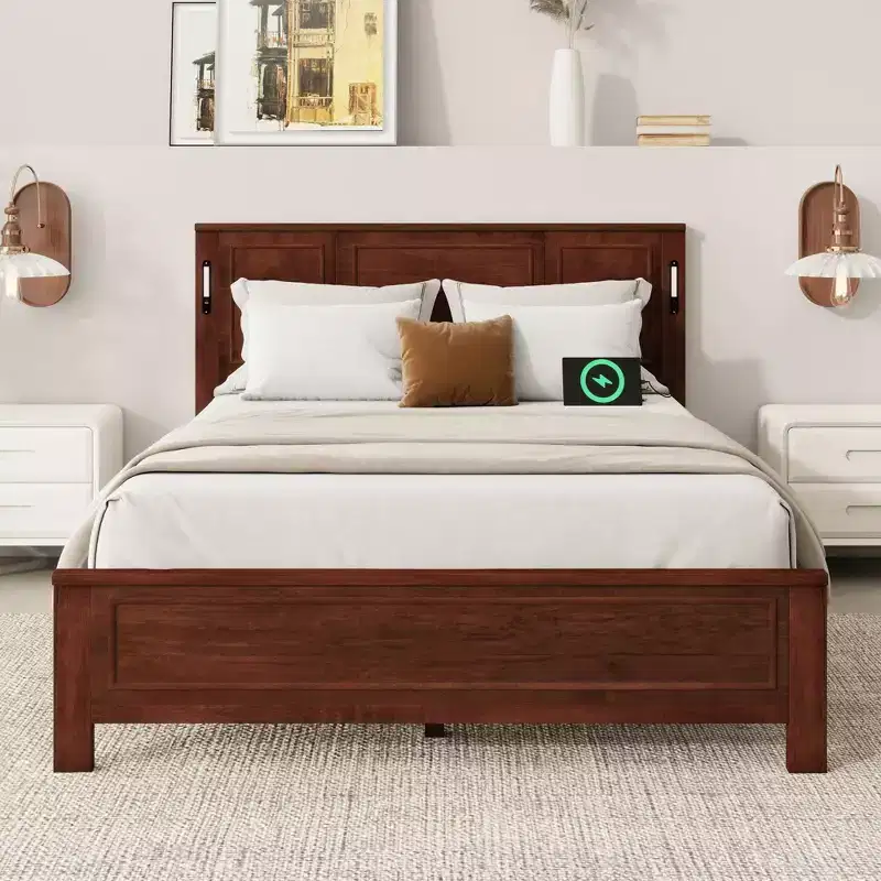 Clihome Farmhouse Bed Frame with Tall Headboard, LED Lights & USB Charging Station