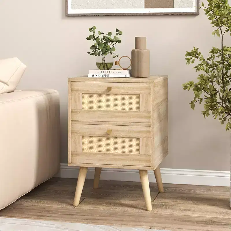 1/2 PCS Rattan Nightstand Boho Accent Bedside Table with 2 Storage Drawers Natural