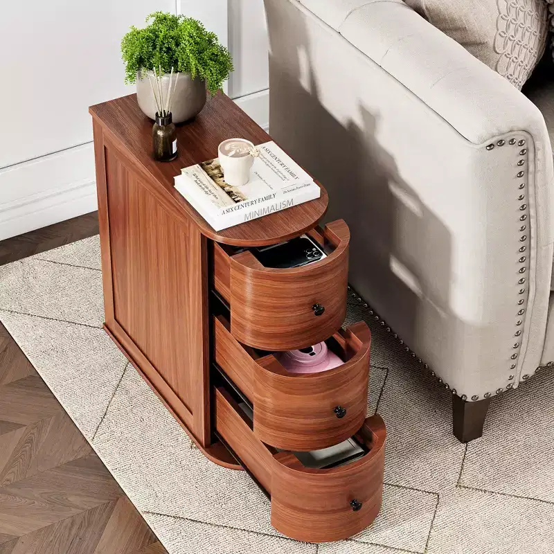 Celebalcony End Table with 3 Drawers for Bed or Sofa, Slim Narrow Nightstand Stand, Space-Saving Storage Cabinet for Living Room/Bedroom Corner,Walnut