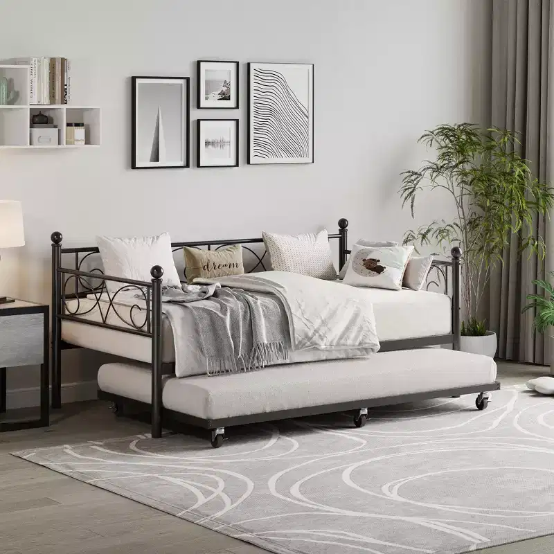 Twin Daybed with Trundle, Metal Trundle Bed, Sofa Bed Frame, Heavy Duty Metal Slats, for Living Room, Bedroom, Guest Room, Space Saving