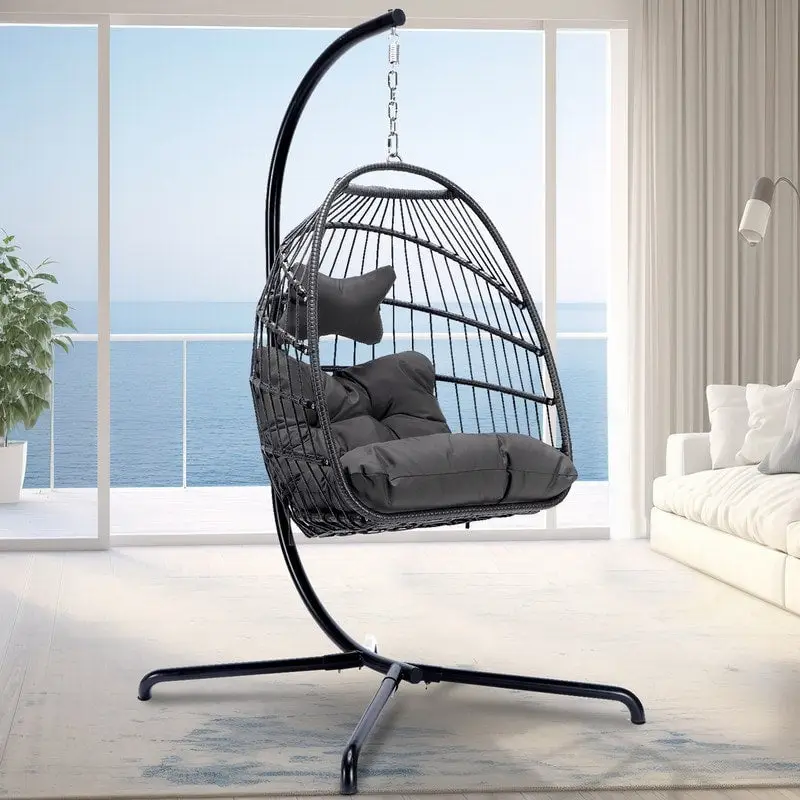 Hanging Egg Chair with Stand, 1-Person, Dark Grey / Light Grey / Beige / Brown / Baby Blue