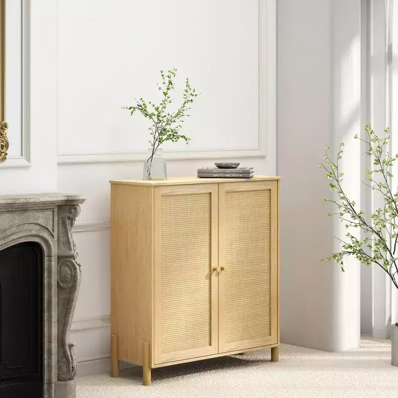 Mid-century storage cabinet with rattan doors, adjustable shelves, and solid wood baseversatile organizer for living or dining room.