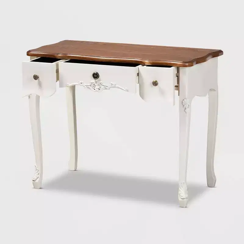 Sophie Small 3 Drawer Console Table: Carved Detail, Brass Knobs - Baxton Studio