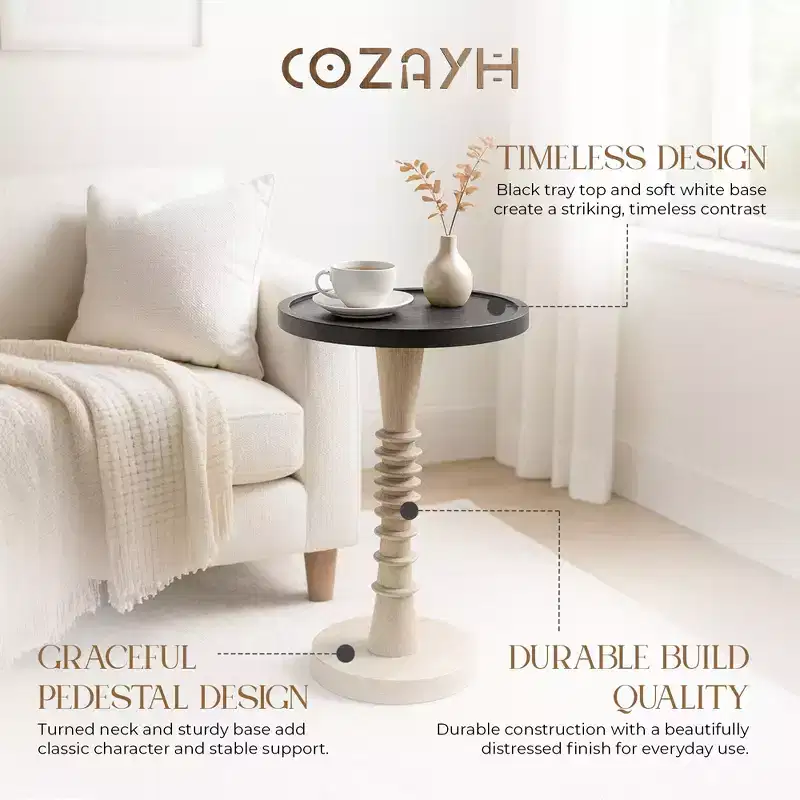 Pedestal Tray Top End Table for Drinks, Lamps or Plants, Black, Set of 2
