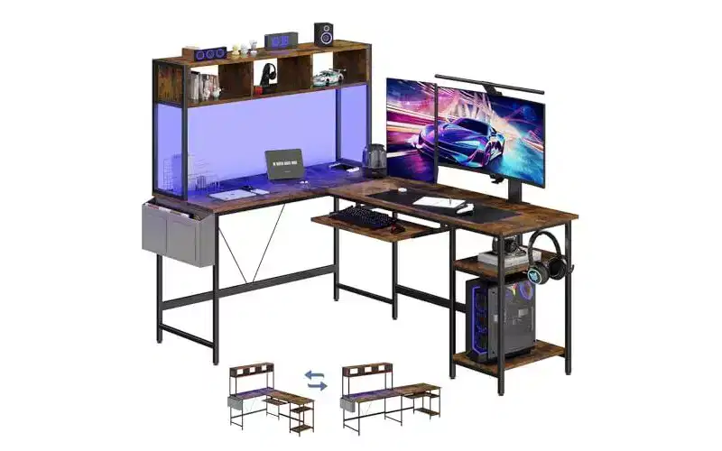 TUYOHW L-Shaped Smart LED Gaming Desk,Reversible Computer Desks with Keyboard Tray,Storage Shelf,Side Bag,Corner Table for Gaming Room,Home Office