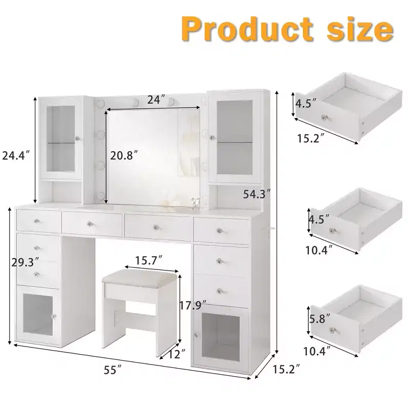 Dyonery White Vanity Set with LED Mirror & Stool,Makeup Desk with Built-in Power Outlet,8 Drawers Lighted Dressing Table for Bedroom Organization
