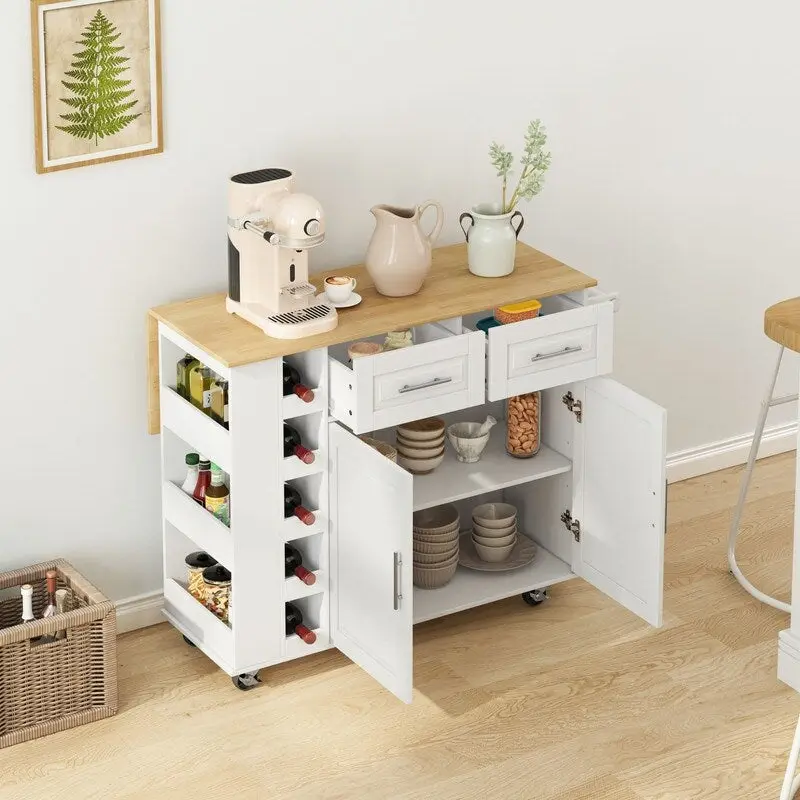 46.46Multi-Functional Kitchen Island Cart with Spice Rack,Wine Rack,Towel Holder and Foldable Rubberwood Table Top