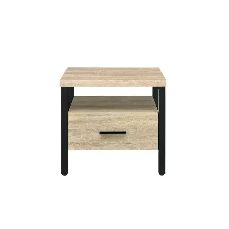 20 Yawan Accent Table Oak/Black Finish - Acme Furniture: Rectangular with Drawer, Open Shelf, Metal Glides