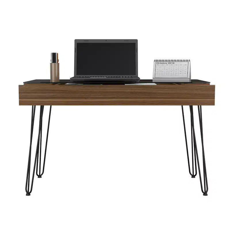 TUYOHW Writing Desk,Industrial Computer Desk with One Spacious Drawer,Hairpin Legs,Clear Glass Top,Modern Study Desk for Home Office,Study,Bedroom