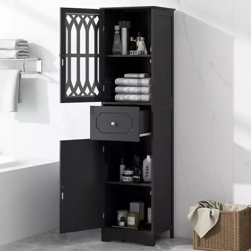 GDFStudio Leona Modern Wood Tall Freestanding Bathroom Storage Cabinet with Drawer, Acrylic Door and Adjustable Shelf