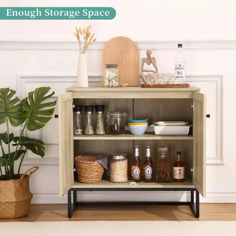Set of 2 Storage Cabinet with Rattan Doors, Rattan Sideboard Buffet Console Table for Living Room/Entryway/Kitchen/Dining Room