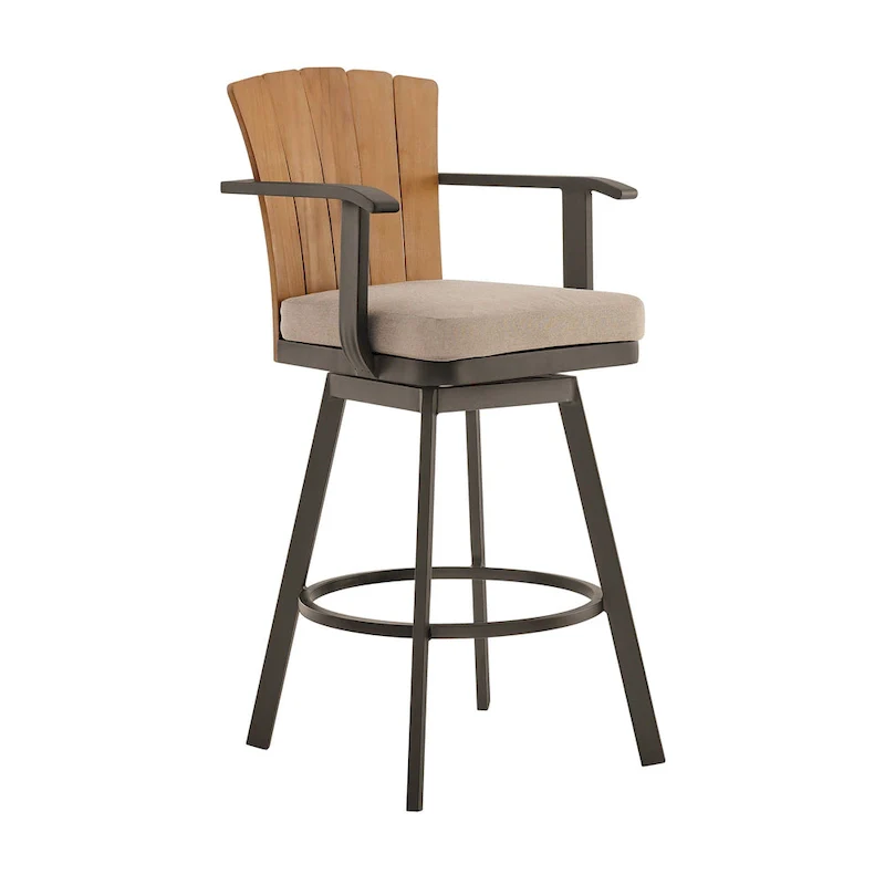 Luna 30 Inch Outdoor Swivel Barstool Chair, Rustic Teak Wood, Brown