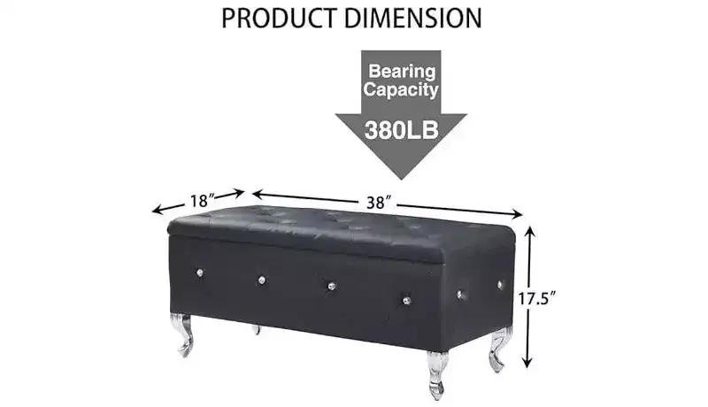 Storage Ottoman Bench, with Tufted Seating and Metal Legs, Storage Bench for Bedroom in Leather, Ottoman Bench for Living Room,Bedrooom, Black