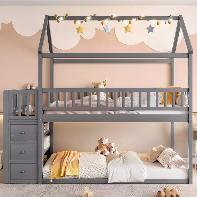 GDFStudio Salvador Modern Wooden House Bunk Bed with Shelved and 3 Drawers
