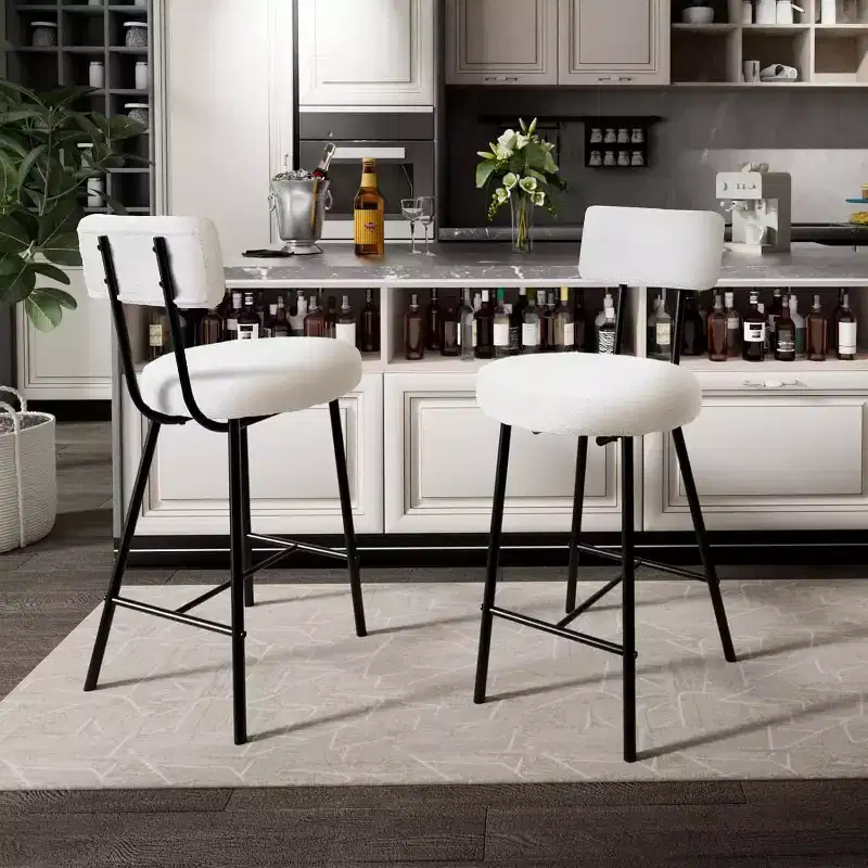 Boucle Bar Stools, 24 Counter Height Bar Chairs with Back & Footrest, Modern Upholstered Round Stools for Kitchen Island, Cafe, Beige