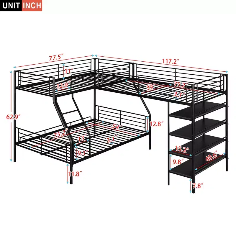 Metal Triple Bunk Bed, L Shaped Bunk Bed for 3 Kids, Twin over Full Bunk Bed and Twin Size Loft Bed with Four Built-in Shelves, Black