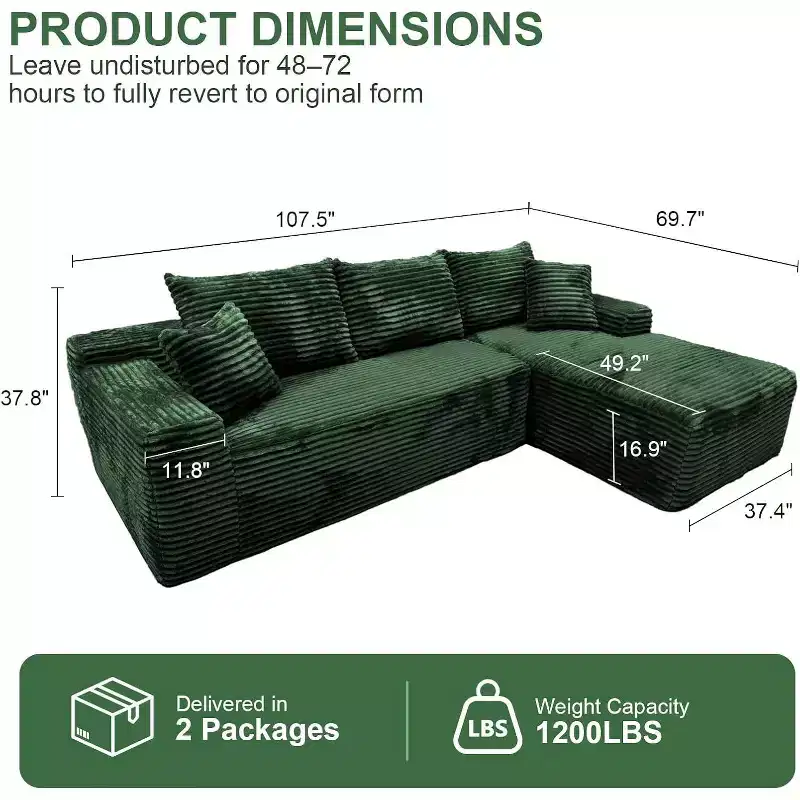 MooxvMoo 107.5 Modular Sectional Couches, L-Shaped Compressed Sofa with Deep Seat, Throw Pillow, Chaise for Living Room, Green